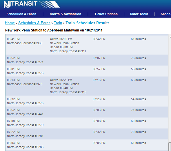 Schedule from New York Pennn Station to Aberdeen Matawan, NJ, for Friday, Oct 21
